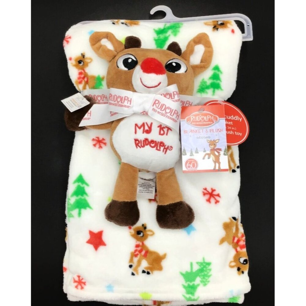 My First Rudolph Reindeer Christmas Baby Blanket Gift Set Plush Security 30x34